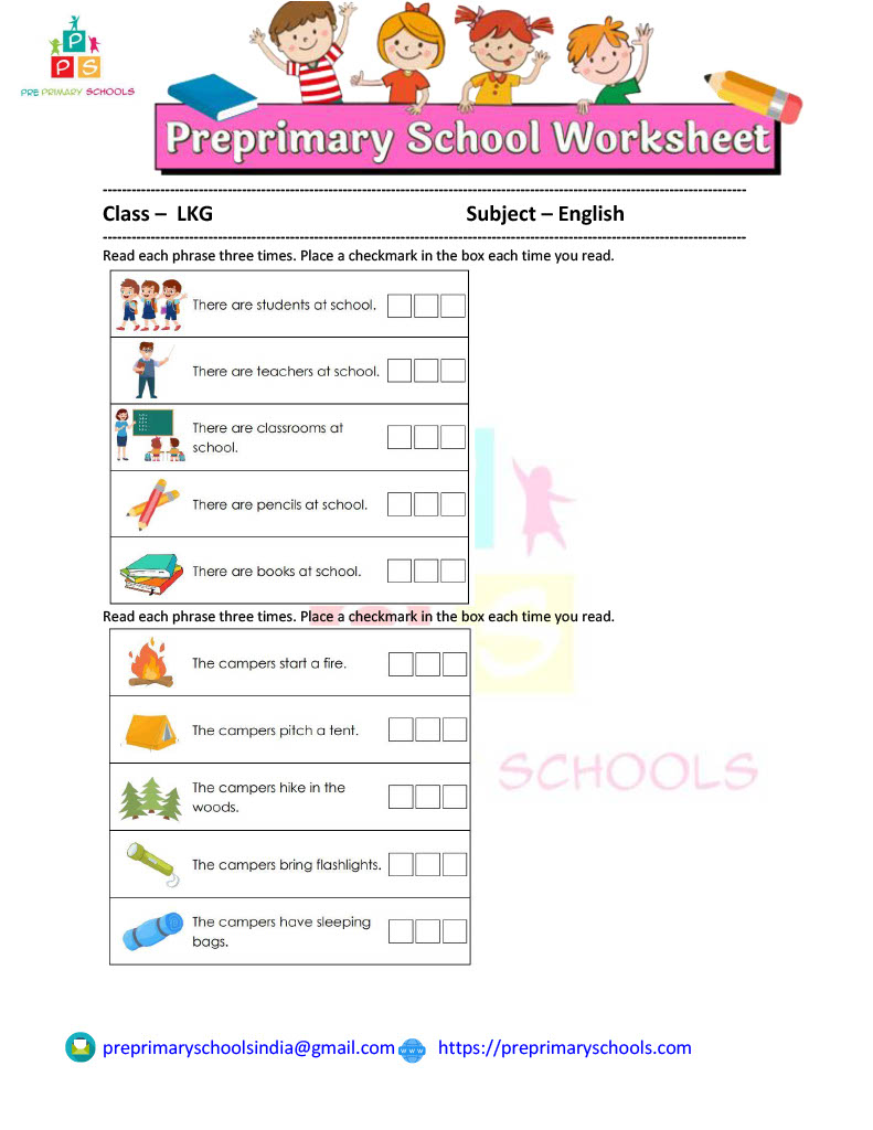Free Kindergarten Phrases Reading Worksheet Read the simple sentences, and place a check mark in the box each time you read.