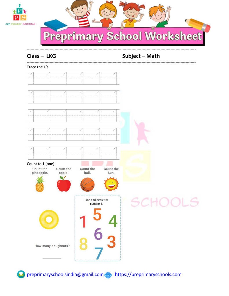 Free and fun Number 1 (number one) learning, writing, counting and identification worksheet for preschool children.