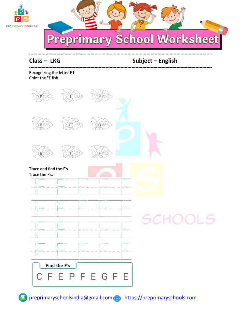 Our Kindergarten Alphabet Worksheet Letter F are designed so that children can have fun while they learn the alphabet. Kids can color the uppercase and lowercase letter F fish in this worksheet.