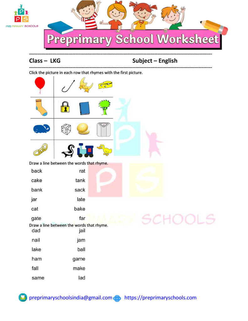 These free kindergarten worksheets help your kids learn about rhyming while improving their skills in vocabulary and phonics. This  worksheet gives your children the opportunity to practice their rhyming skills.