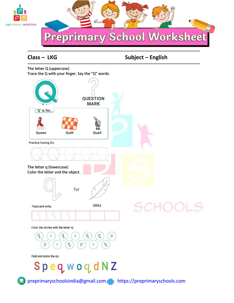 Encourage your child to learn letter sounds by practicing saying the name of the picture and tracing the uppercase and lowercase letter Q in this worksheet.