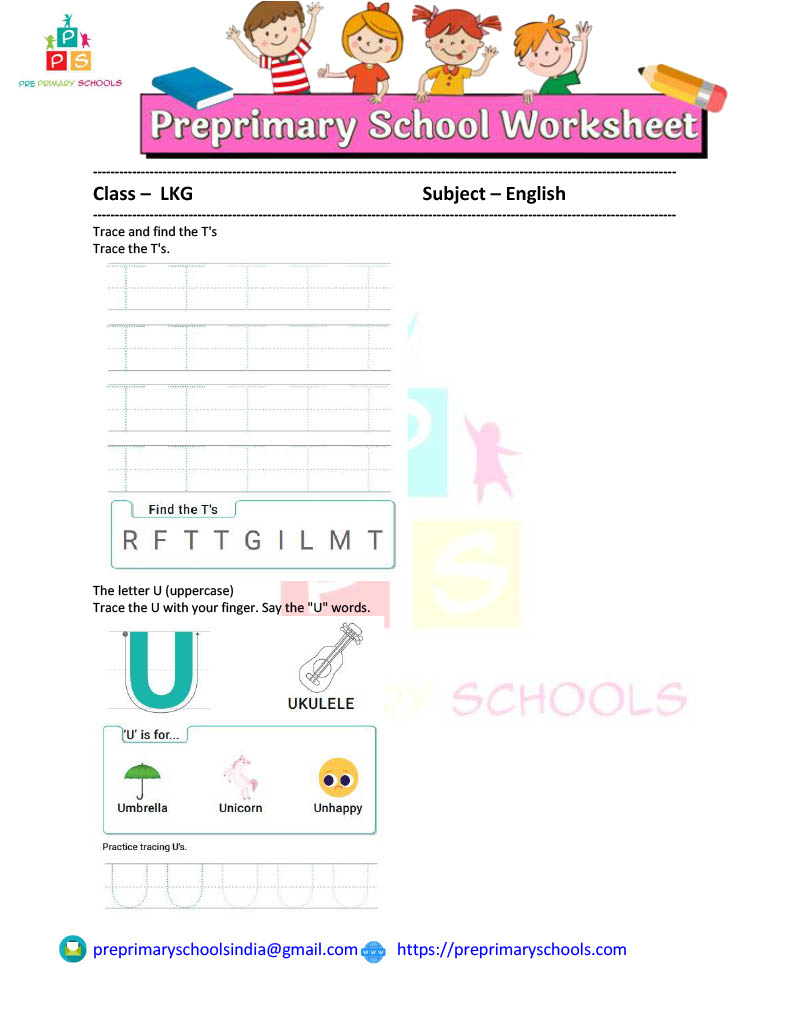 This worksheet is a perfect tool for preschool and kindergarten age children. This worksheet is fun for learning the letters T & U. Say and trace the letter in this worksheet.