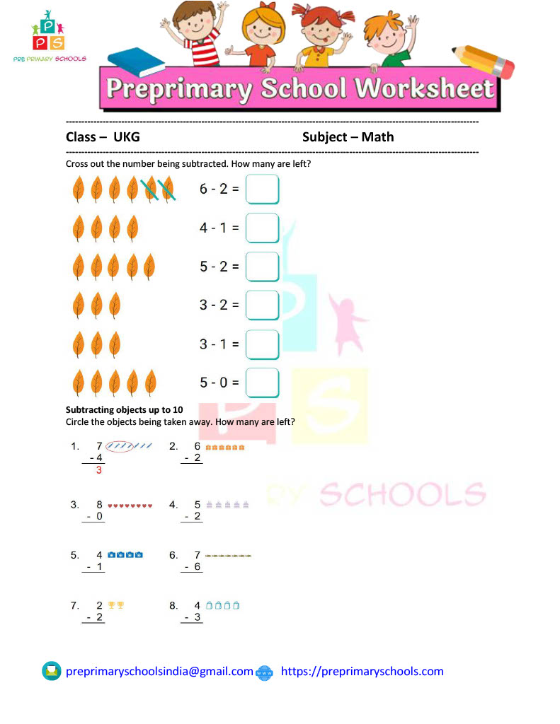 In this UKG worksheet students count objects to solve subtraction problems.  Students see side by side the subtraction of objects and the subtraction of numbers.  All numbers are less than ten.