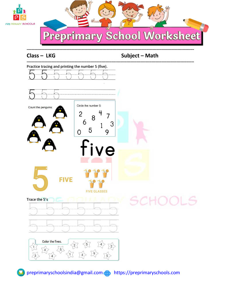 Here are fun and free number counting, writing and identification sheet to help your child learn numbers five 5.